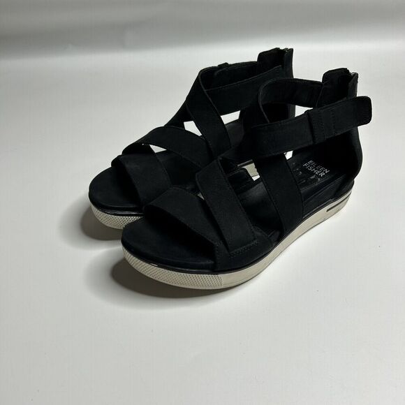 Eileen Fisher Women's Sport Sneaker Sandals Size 7.5 Black Leather Zip Strappy - Picture 1 of 12